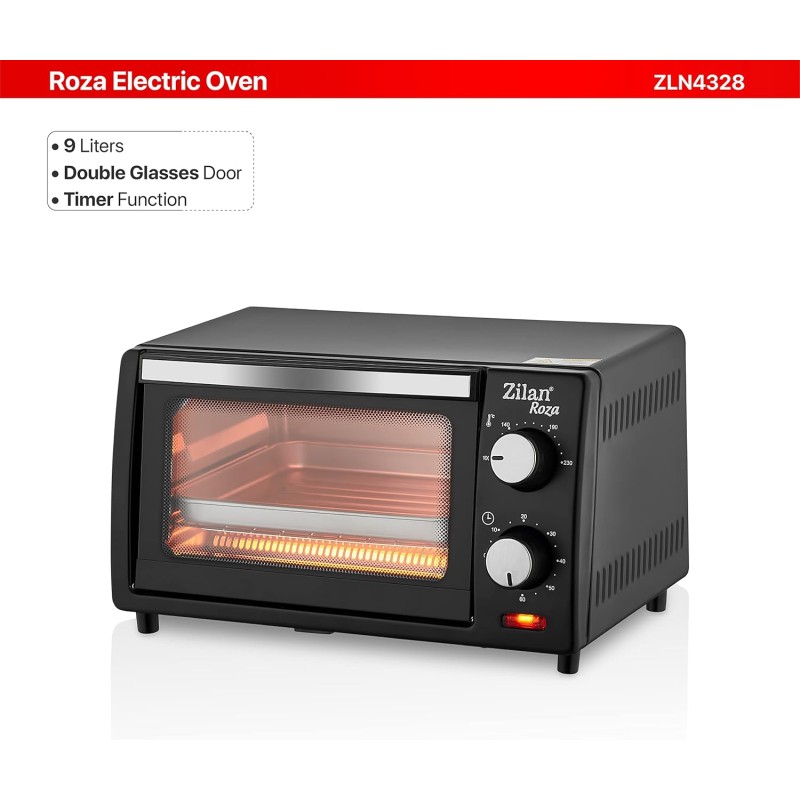 Zilan, Forno Elettrico 9 Litri, Doppio Vetro di Sicurezza, Timer, 2 Pz Resistenza al Quarzo, Vassoio raccoglibriciole, 1 Teglia Quadrata, Griglia Cromata, 800 Watt