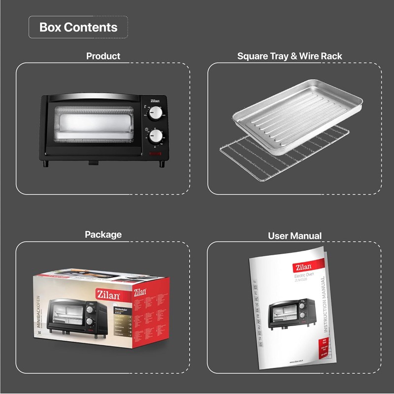 Zilan, Forno Elettrico 9 Litri, Doppio Vetro di Sicurezza, Timer, 2 Pz Resistenza al Quarzo, Vassoio raccoglibriciole, 1 Teglia Quadrata, Griglia Cromata, 800 Watt