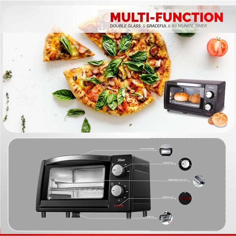 Zilan, Forno Elettrico 9 Litri, Doppio Vetro di Sicurezza, Timer, 2 Pz Resistenza al Quarzo, Vassoio raccoglibriciole, 1 Teglia Quadrata, Griglia Cromata, 800 Watt