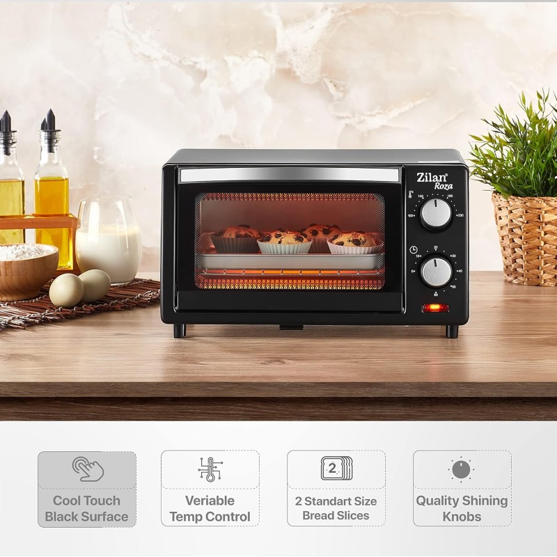 Zilan, Forno Elettrico 9 Litri, Doppio Vetro di Sicurezza, Timer, 2 Pz Resistenza al Quarzo, Vassoio raccoglibriciole, 1 Teglia Quadrata, Griglia Cromata, 800 Watt