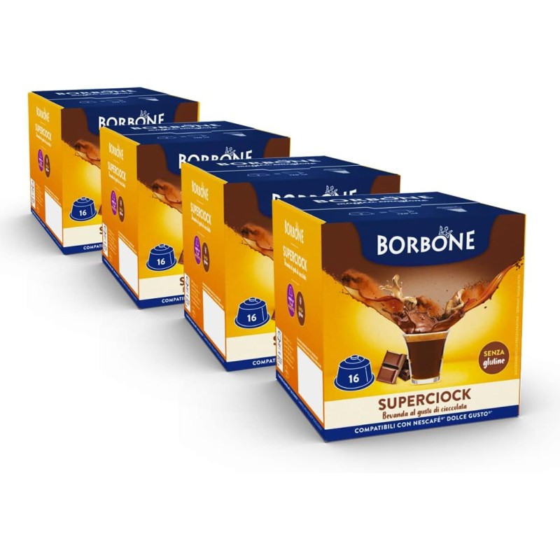 Caffè Borbone SuperCiock - Bevanda al gusto di cioccolata - 64 capsule (4 confezioni da 16) - Compatibili con le Macchine Nescafè* Dolce Gusto* - SuperCiock