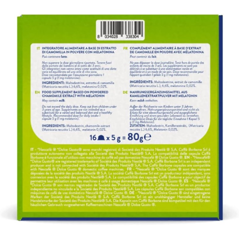 Caffè Borbone Camomilla con Melatonina - 64 capsule (4 confezioni da 16) - Compatibili con le Macchine Nescafè* Dolce Gusto* - Camomilla con Melatonina