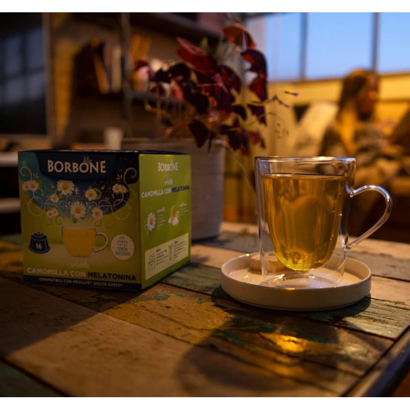 Caffè Borbone Camomilla con Melatonina - 64 capsule (4 confezioni da 16) - Compatibili con le Macchine Nescafè* Dolce Gusto* - Camomilla con Melatonina
