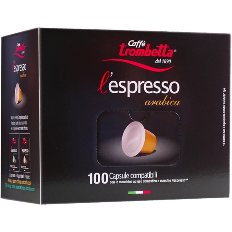Caffè Trombetta - l'Espresso Arabica, Capsule Compatibili con Sistema Nespresso - Confezione da 100 Capsule - 100 unità (Confezione da 1)