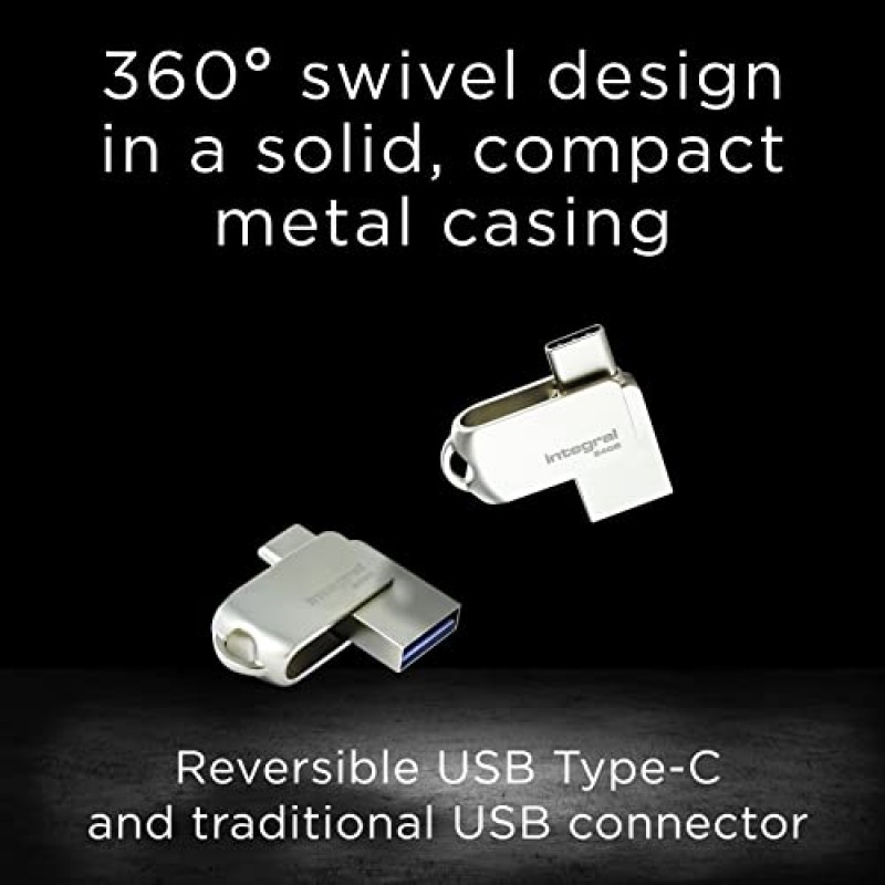Integral Chiavetta USB 3.0 tipo C da 64 GB, 360 Dual e tipo A con custodia in metallo massiccio, velocità di trasferimento veloci e semplicemente Plug & Play - 64 Gb 360-C tipo C 3.0 1 confezione