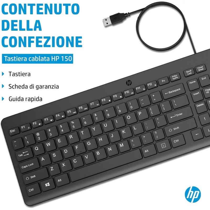 HP 150 Tastiera Cablata, Connessione con Cavo USB-A con la Lunghezza di 1 m, 12 Tasti Programmabili, Tastiera Qwerty, Layout Italiano, Compatibile con Windows 10 e 11, Nera HP 150 Tastiera Cablata, Connessione con Cavo USB-A con la Lunghezza di 1 m, 12 Tasti Programmabili, Tastiera Qwerty, Layout Italiano, Compatibile con Windows 10 e 11, Nera
