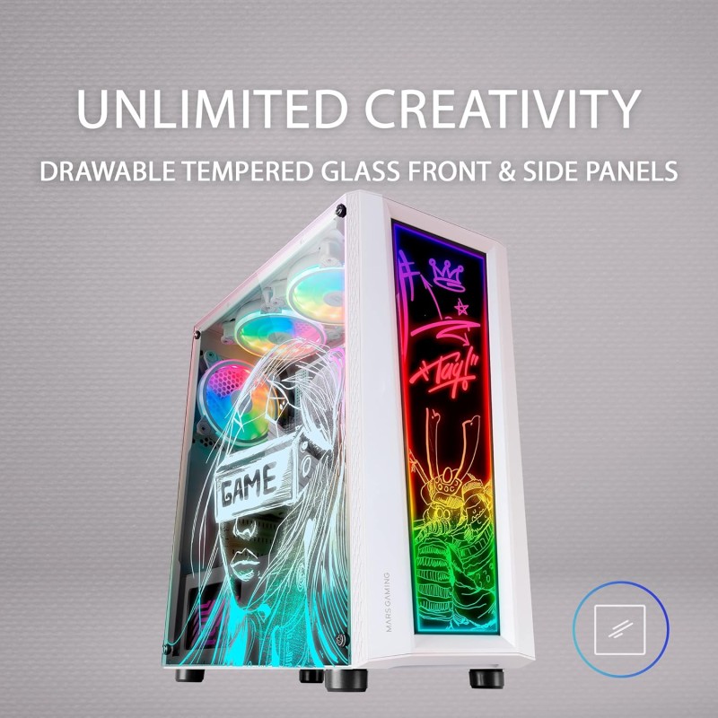 MARS GAMING MC-ART, Case PC Gaming ATX, Doppio Vetro Temperato Disegnabile, ARGB 12 Modalità, Ventola 12 cm, Bianco MARS GAMING MC-ART, Case PC Gaming ATX, Doppio Vetro Temperato Disegnabile, ARGB 12 Modalità, Ventola 12 cm, Bianco