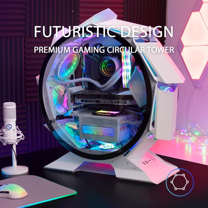 MARS GAMING MCORB, Case PC Gaming Micro-ATX XL, Design Circolare Custom, Doppio Vetro Temperato, Chassis PC, Bianco MARS GAMING MCORB, Case PC Gaming Micro-ATX XL, Design Circolare Custom, Doppio Vetro Temperato, Chassis PC, Bianco