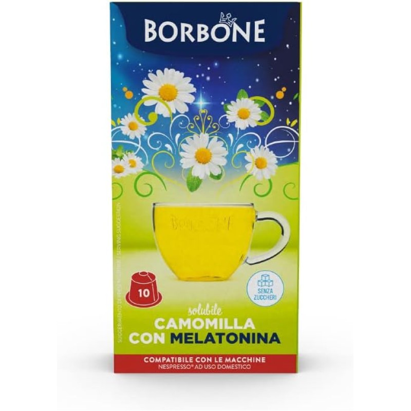 Caffè Borbone Camomilla con Melatonina Solubile - 60 capsule (6 confezioni da 10) - Compatibili con le Macchine ad uso domestico Nespresso* - Camomilla Con Melatonina Caffè Borbone Camomilla con Melatonina Solubile - 60 capsule (6 confezioni da 10) - Compatibili con le Macchine ad uso domestico Nespresso* - Camomilla Con Melatonina
