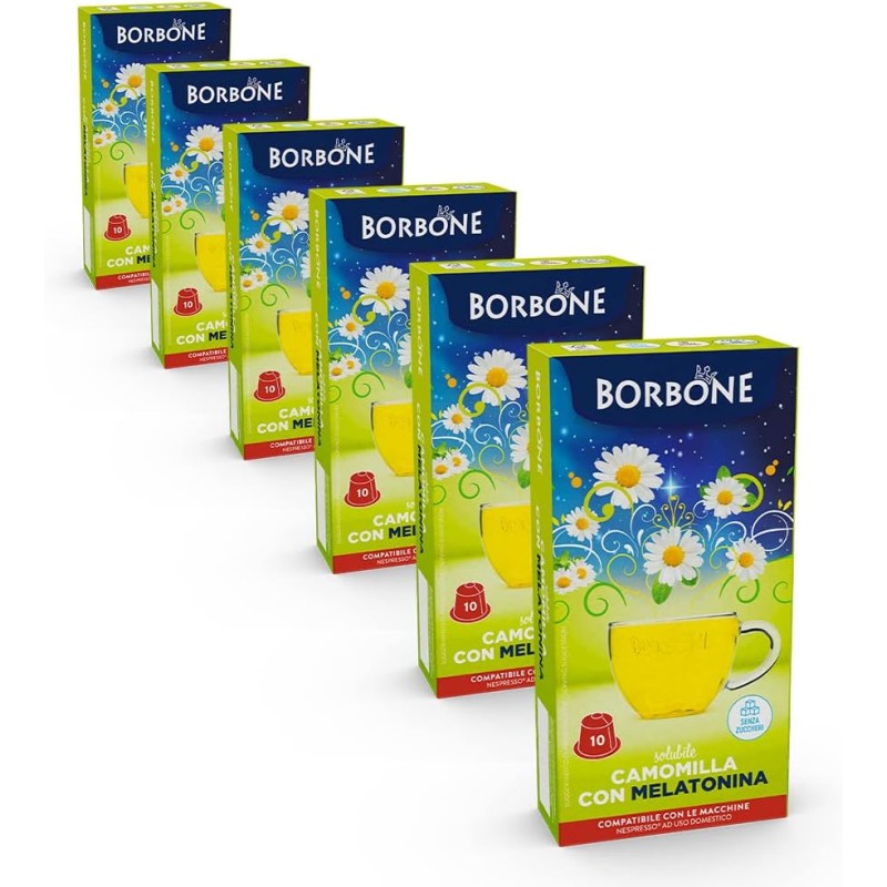 Caffè Borbone Camomilla con Melatonina Solubile - 60 capsule (6 confezioni da 10) - Compatibili con le Macchine ad uso domestico Nespresso* - Camomilla Con Melatonina Caffè Borbone Camomilla con Melatonina Solubile - 60 capsule (6 confezioni da 10) - Compatibili con le Macchine ad uso domestico Nespresso* - Camomilla Con Melatonina