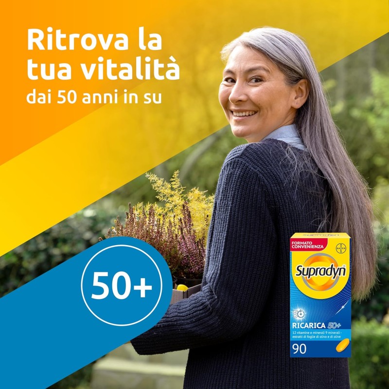 Supradyn Ricarica 50+ Integratore Multivitaminico Completo Vitamine e Minerali con Vitamina B12, C, D, Zinco per Stanchezza Fisica e Concentrazione dai 50 Anni Uomo e Donna, 90 Compresse Rivestite - 90 unità (Confezione da 1)
