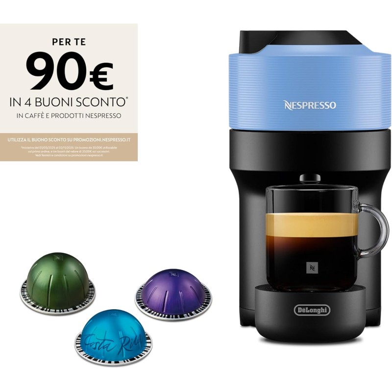 De'Longhi Nespresso Vertuo Pop ENV90.A Macchina del Caffè compatibile con le NUOVE CAPSULE NESPRESSO con Tecnologia Centrifusion, 4 Formati in Tazza, Incluso Set di 12 Capsule, 1260W, Pacific Blue - Pacific Blue De'Longhi Nespresso Vertuo Pop ENV90.A Macchina del Caffè compatibile con le NUOVE CAPSULE NESPRESSO con Tecnologia Centrifusion, 4 Formati in Tazza, Incluso Set di 12 Capsule, 1260W, Pacific Blue - Pacific Blue