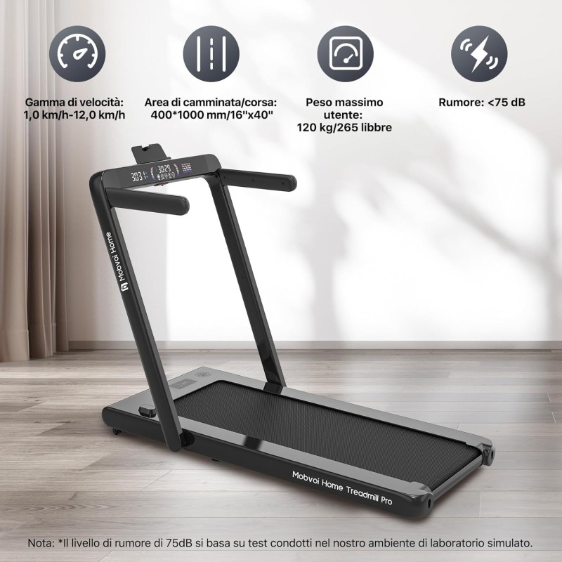 Mobvoi Home Treadmill Ultra, Pro, Tapis Roulant Elettrico Compatibile con Smartwatch, Percorsi di Allenamento Virtuali, 12km/h 120kg