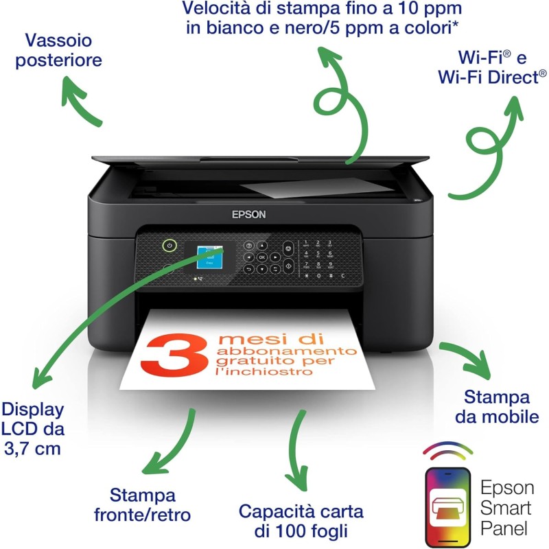 Epson Workforce WF-2910DWF Stampante Multifunzione A4 a getto d'inchiostro (Stampa Fronte Retro, Scansione, Copia, Fax) Display LCD 3.7cm, WiFi, Ethernet, Stampa da mobile e su Cloud, AirPrint