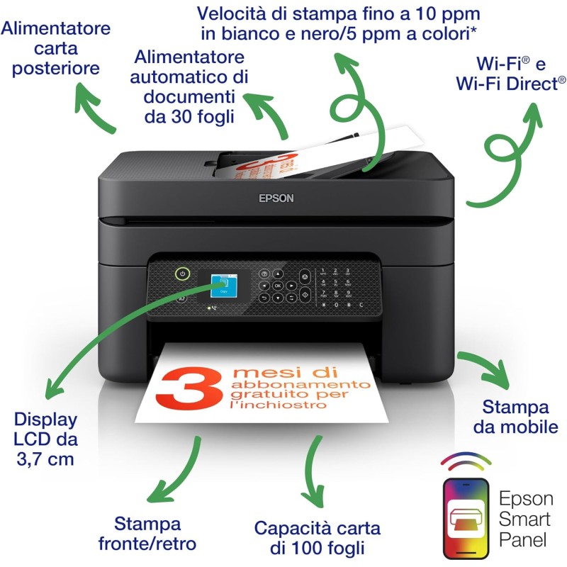 Epson Workforce WF-2930DWF Stampante Multifunzione A4 a getto d'inchiostro (Stampa Fronte Retro, Scansione, Copia, Fax) Display LCD 3.7cm, ADF, WiFi, Ethernet, Stampa da mobile e su Cloud, AirPrint