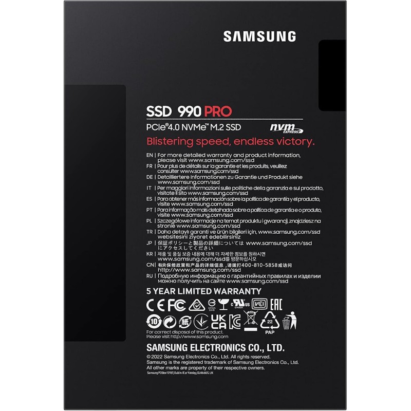 Samsung 990 PRO NVMe M.2 SSD, 1TB, PCIe 4.0, 7.450 MB/s in lettura, 6.900 MB/s in scrittura, SSD interno per giochi ed editing video, Nero, MZ-V9P1T0BW - 1 TB