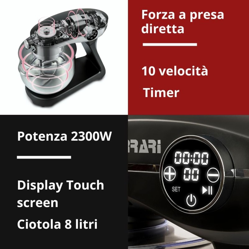 G3 Ferrari G20137 Pastaio Elegance Impastatrice Planetaria a Presa Diretta, 1800 W (2300 W Max), 8 Litri, Metallo, 10 Velocità, Display touch screen, Contenitore 8 Litri in Acciaio Inox