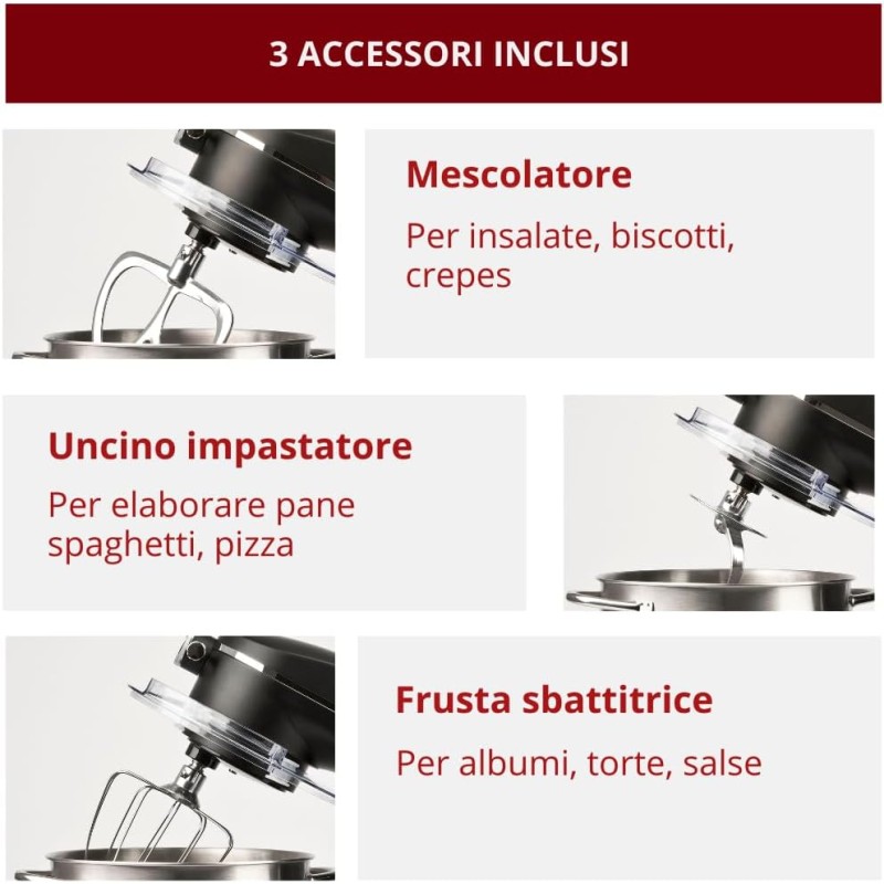 G3 Ferrari G20137 Pastaio Elegance Impastatrice Planetaria a Presa Diretta, 1800 W (2300 W Max), 8 Litri, Metallo, 10 Velocità, Display touch screen, Contenitore 8 Litri in Acciaio Inox