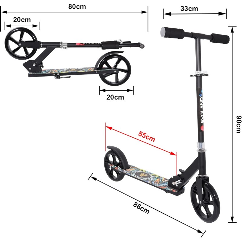 Monopattino Bambino, Elevata Capacità di Carico, Pieghevole, Altezza Regolabile, Ruote in PU, Costruzione Robusta in Alluminio, Piattaforma Antiscivolo, Freno Posteriore, Modello a Cartoni Animati - Nero