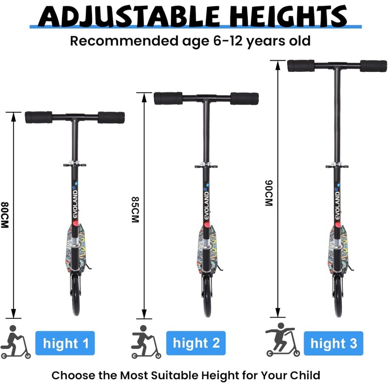 Monopattino Bambino, Elevata Capacità di Carico, Pieghevole, Altezza Regolabile, Ruote in PU, Costruzione Robusta in Alluminio, Piattaforma Antiscivolo, Freno Posteriore, Modello a Cartoni Animati - Nero
