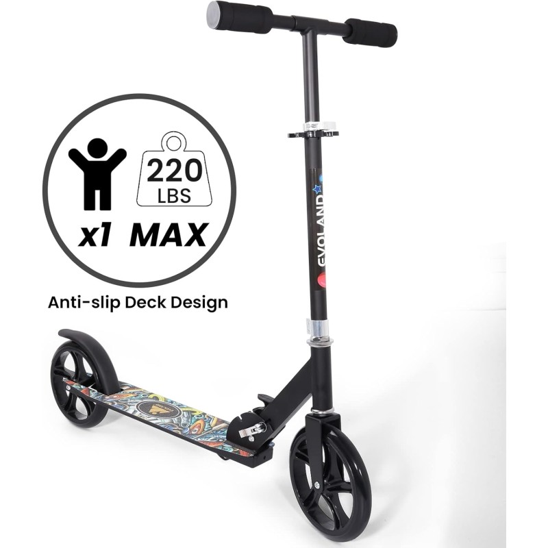 Monopattino Bambino, Elevata Capacità di Carico, Pieghevole, Altezza Regolabile, Ruote in PU, Costruzione Robusta in Alluminio, Piattaforma Antiscivolo, Freno Posteriore, Modello a Cartoni Animati - Nero