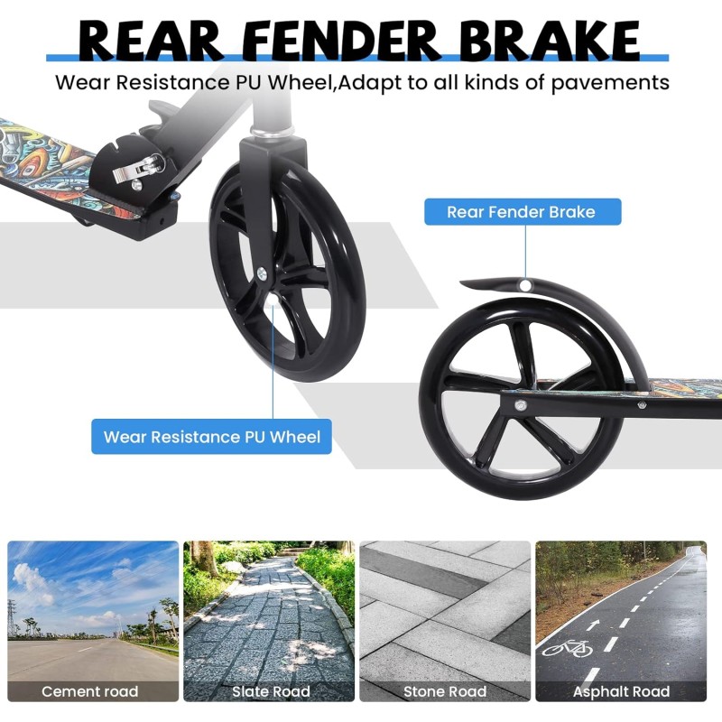 Monopattino Bambino, Elevata Capacità di Carico, Pieghevole, Altezza Regolabile, Ruote in PU, Costruzione Robusta in Alluminio, Piattaforma Antiscivolo, Freno Posteriore, Modello a Cartoni Animati - Nero