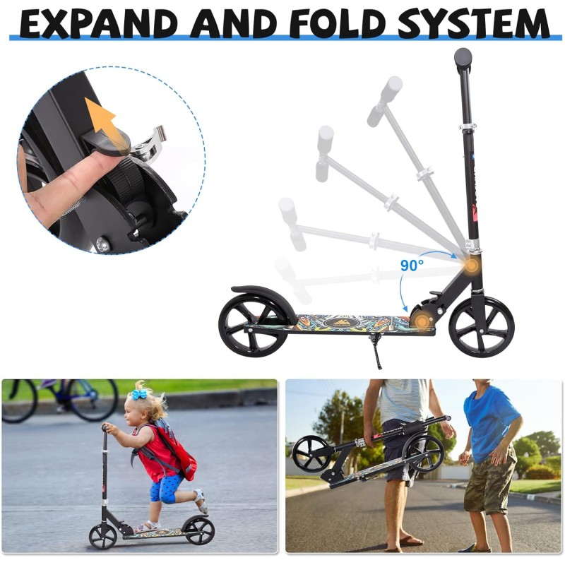 Monopattino Bambino, Elevata Capacità di Carico, Pieghevole, Altezza Regolabile, Ruote in PU, Costruzione Robusta in Alluminio, Piattaforma Antiscivolo, Freno Posteriore, Modello a Cartoni Animati - Nero