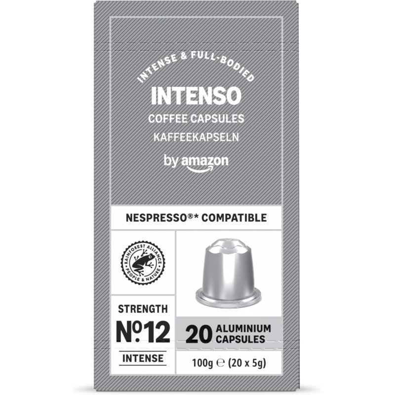 by Amazon Capsule caffè intenso compatibili con Nespresso, tostatura intensa, capsule in alluminio, 100 unità, 5 confezioni da 20 - Certificato Rainforest Alliance - 20 unità (Confezione da 5)