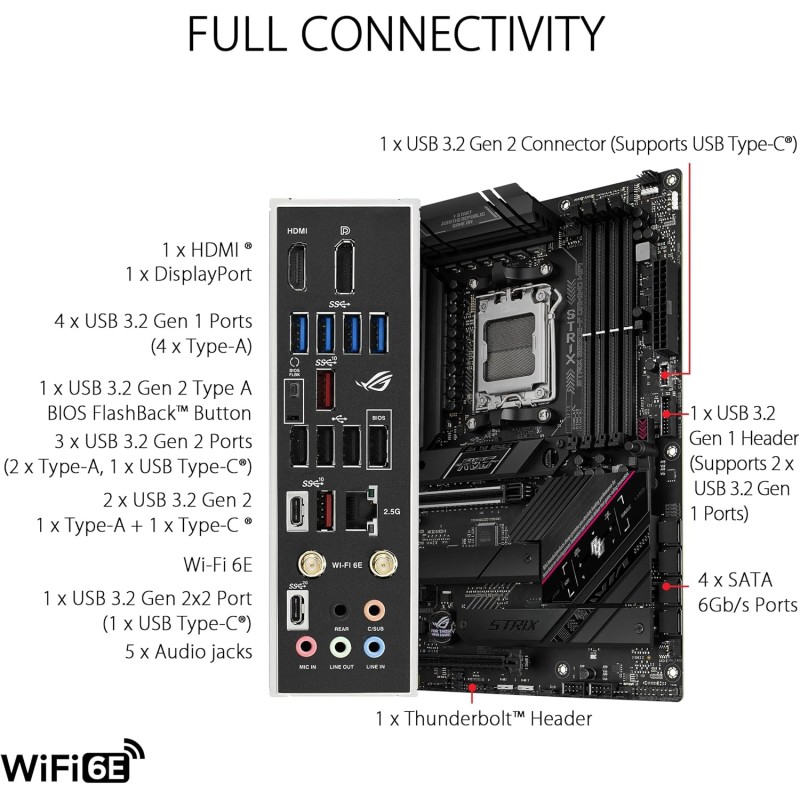 ASUS ROG STRIX B650E-F GAMING WIFI Scheda Madre Gaming ATX, AM5, Ryzen 9000/8000/7000, AMD B650, DDR5, PCI 5.0, WiFi 6E (802.11ax), 2.5Gb Lan, 3xM.2, 4xSATA 6GB/s, Aura Sync RGB, Nero - ROG STRIX ASUS ROG STRIX B650E-F GAMING WIFI Scheda Madre Gaming ATX, AM5, Ryzen 9000/8000/7000, AMD B650, DDR5, PCI 5.0, WiFi 6E (802.11ax), 2.5Gb Lan, 3xM.2, 4xSATA 6GB/s, Aura Sync RGB, Nero - ROG STRIX