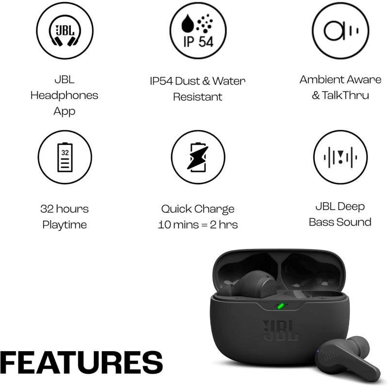 JBL Wave Beam Auricolari Wireless In-Ear Bluetooth, Waterproof IP54 e Antipolvere IPX2, Deep Bass Sound, Tecnologia Smart Ambient e Voice Aware, Fino a 32 h di Autonomia, Nero - Nero