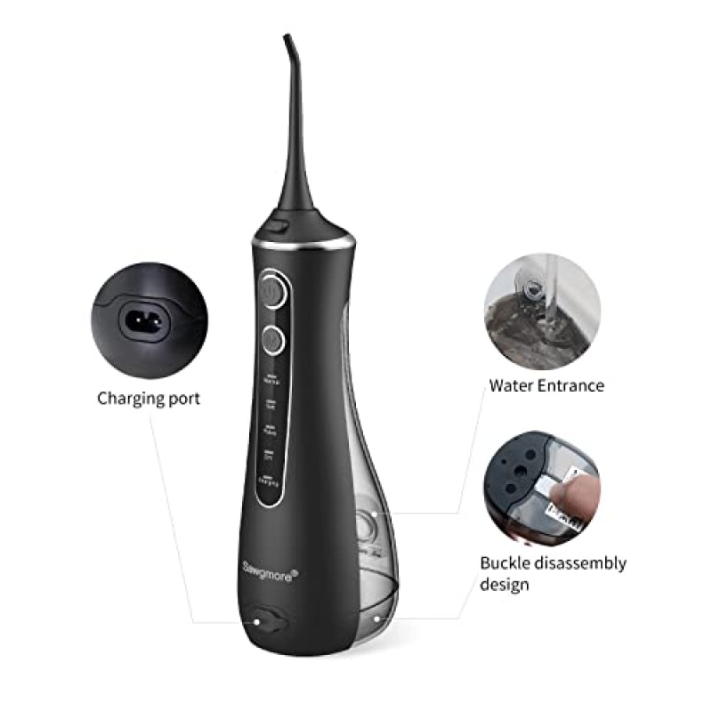 Idropulsore Dentale, Irrigatore Orale Professionale con 4 Modalità e 4 Ugelli di Ricambio, Ricaricabile USB, Impermeabile IPX7 Water Orale Flosser Pulizia Denti Ideale per Viaggi a Casa - Nero