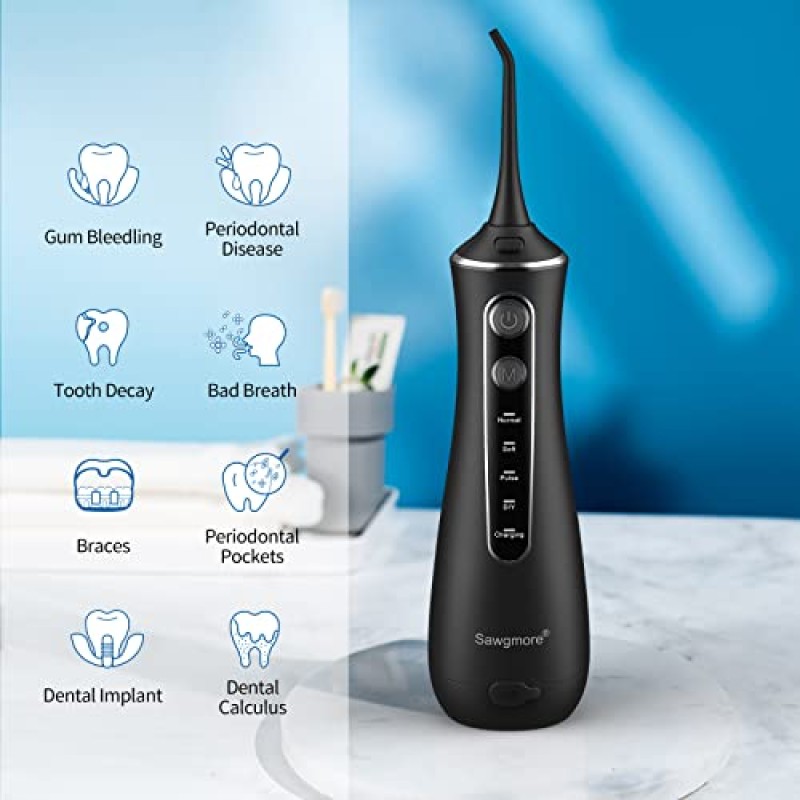 Idropulsore Dentale, Irrigatore Orale Professionale con 4 Modalità e 4 Ugelli di Ricambio, Ricaricabile USB, Impermeabile IPX7 Water Orale Flosser Pulizia Denti Ideale per Viaggi a Casa - Nero