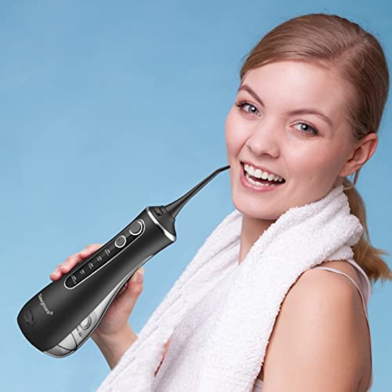 Idropulsore Dentale, Irrigatore Orale Professionale con 4 Modalità e 4 Ugelli di Ricambio, Ricaricabile USB, Impermeabile IPX7 Water Orale Flosser Pulizia Denti Ideale per Viaggi a Casa - Nero