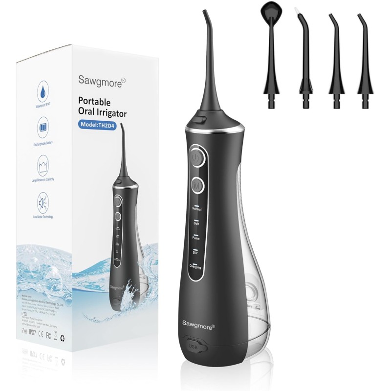Idropulsore Dentale, Irrigatore Orale Professionale con 4 Modalità e 4 Ugelli di Ricambio, Ricaricabile USB, Impermeabile IPX7 Water Orale Flosser Pulizia Denti Ideale per Viaggi a Casa - Nero