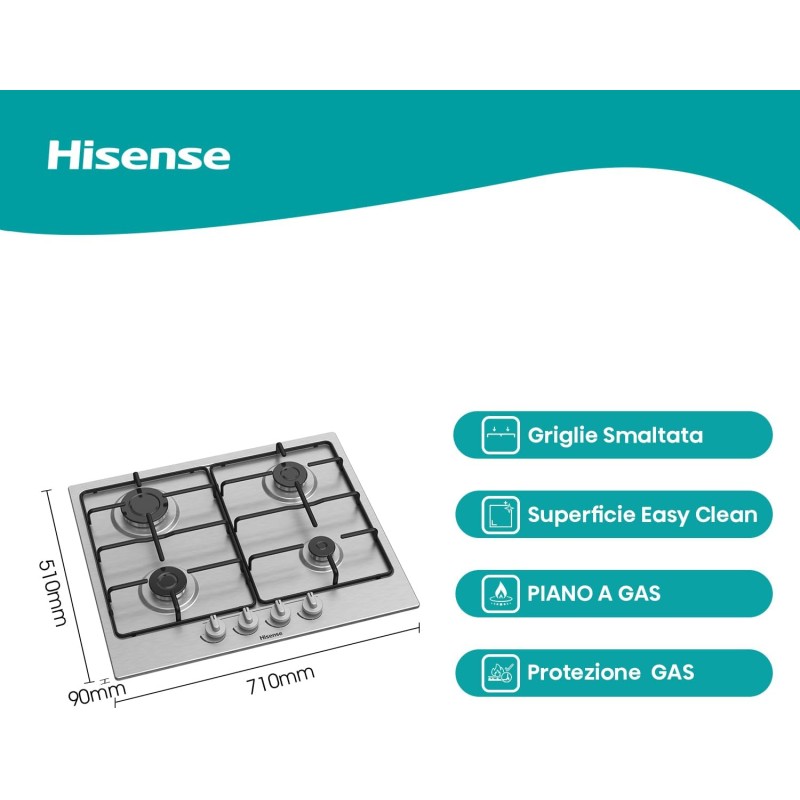 Hisense Gm642Xf Piano Cottura A Gas con 4 Zone Di Cottura, Larghezza 60 Cm, Griglie Smaltate, Accensione Integrata Nella Manopola, Finitura Inox Anti Impronta, Argento, 51 x 61 x 9 cm - 60 cm Hisense Gm642Xf Piano Cottura A Gas con 4 Zone Di Cottura, Larghezza 60 Cm, Griglie Smaltate, Accensione Integrata Nella Manopola, Finitura Inox Anti Impronta, Argento, 51 x 61 x 9 cm - 60 cm