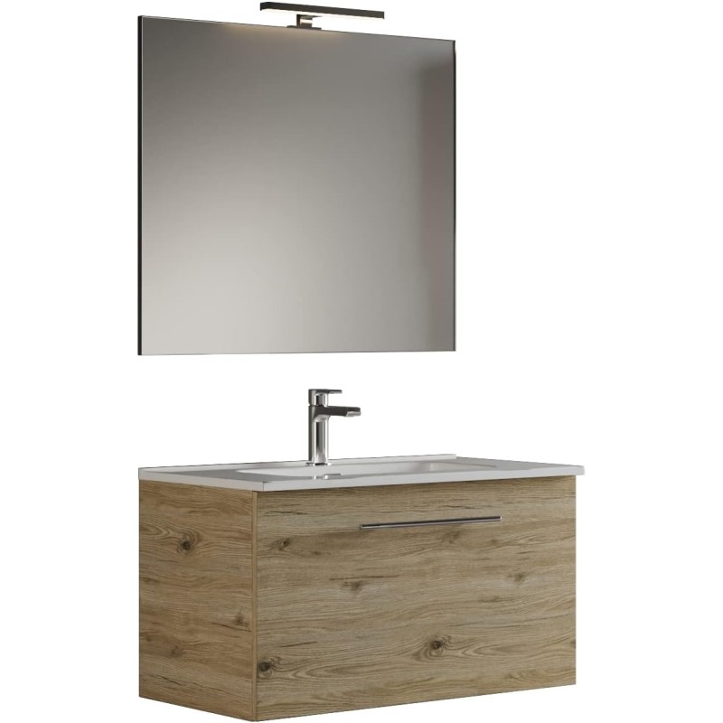 MaMa Store GEA1 80 - Mobile Bagno Sospeso 80 CM monocassettone Quercia Naturale Laccato con Lavabo, Specchio e Lampada LED, L.81 X P.45 X H.46 cm - 80 CM Quercia Naturale