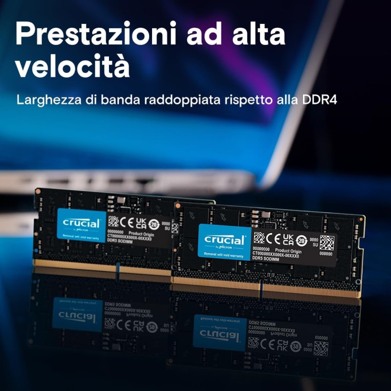 Crucial RAM 16GB DDR5 5600MHz (o 5200MHz o 4800MHz) Memoria per computer Portatili CT16G56C46S5 - 16GB Crucial RAM 16GB DDR5 5600MHz (o 5200MHz o 4800MHz) Memoria per computer Portatili CT16G56C46S5 - 16GB