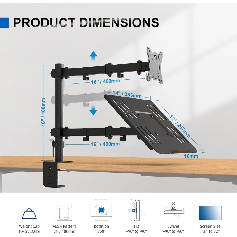 GRIFEMA 2 Monitor Supporto per Monitor con Ripiano per Laptop, Braccio per Monitor VESA 75x75-100x100 MM, Rotazione 360°, Angolo di Inclinazione ±90°, Altezza Regolabile, Peso Massimo 10KG, Nero GRIFEMA 2 Monitor Supporto per Monitor con Ripiano per Laptop, Braccio per Monitor VESA 75x75-100x100 MM, Rotazione 360°, Angolo di Inclinazione ±90°, Altezza Regolabile, Peso Massimo 10KG, Nero