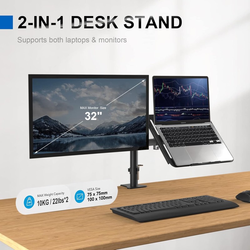 GRIFEMA 2 Monitor Supporto per Monitor con Ripiano per Laptop, Braccio per Monitor VESA 75x75-100x100 MM, Rotazione 360°, Angolo di Inclinazione ±90°, Altezza Regolabile, Peso Massimo 10KG, Nero GRIFEMA 2 Monitor Supporto per Monitor con Ripiano per Laptop, Braccio per Monitor VESA 75x75-100x100 MM, Rotazione 360°, Angolo di Inclinazione ±90°, Altezza Regolabile, Peso Massimo 10KG, Nero