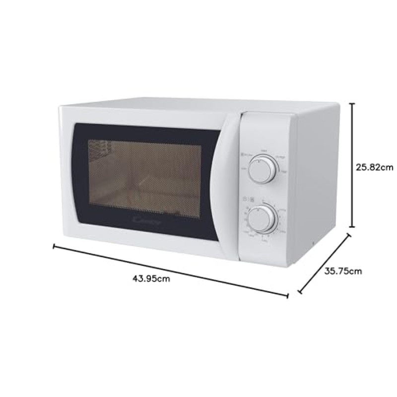 Candy Idea Forno a Microonde 20 Litri, 700W, 5 Livelli di Potenza, Programma Defrost, Timer e Segnale Acustico di Fine Cottura, Libera Installazione, 43,95 x 35,75 x 25,82 cm, Bianco - CMW20SMW