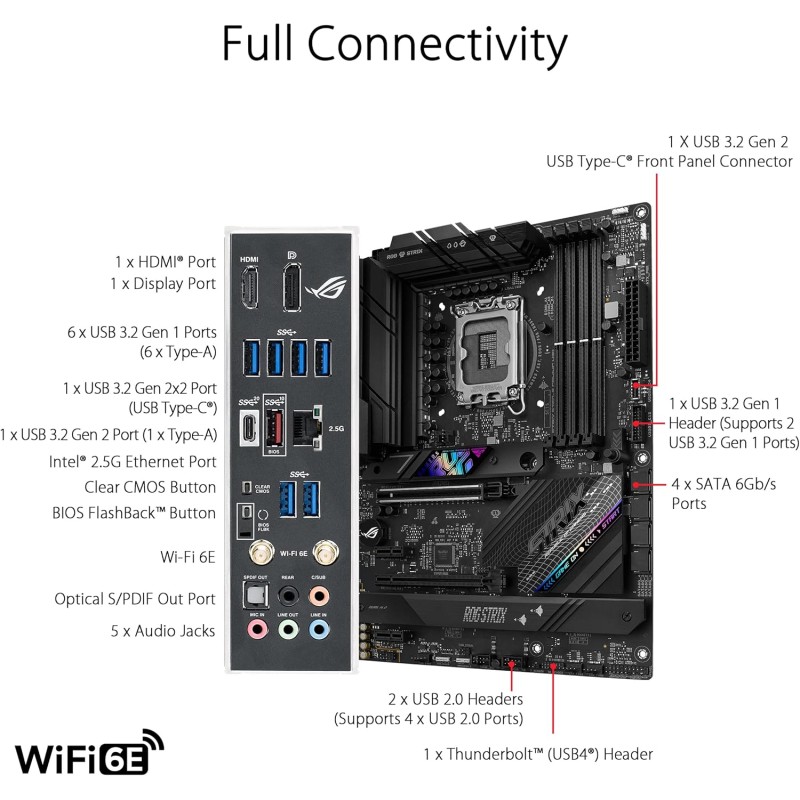 ASUS ROG STRIX B760-F GAMING WIFI Scheda madre Intel® B760 LGA 1700 ATX, DDR5, PCIe 5.0 x16, 3 slot PCIe 4.0 M.2, WiFi 6E, 2.5G Ethernet, USB 3.2 Gen 2x2 Type-C®, AEMP II, Aura Sync RGB - Large ASUS ROG STRIX B760-F GAMING WIFI Scheda madre Intel® B760 LGA 1700 ATX, DDR5, PCIe 5.0 x16, 3 slot PCIe 4.0 M.2, WiFi 6E, 2.5G Ethernet, USB 3.2 Gen 2x2 Type-C®, AEMP II, Aura Sync RGB - Large