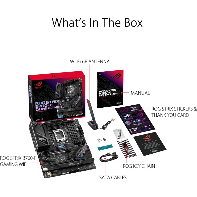 ASUS ROG STRIX B760-F GAMING WIFI Scheda madre Intel® B760 LGA 1700 ATX, DDR5, PCIe 5.0 x16, 3 slot PCIe 4.0 M.2, WiFi 6E, 2.5G Ethernet, USB 3.2 Gen 2x2 Type-C®, AEMP II, Aura Sync RGB - Large ASUS ROG STRIX B760-F GAMING WIFI Scheda madre Intel® B760 LGA 1700 ATX, DDR5, PCIe 5.0 x16, 3 slot PCIe 4.0 M.2, WiFi 6E, 2.5G Ethernet, USB 3.2 Gen 2x2 Type-C®, AEMP II, Aura Sync RGB - Large