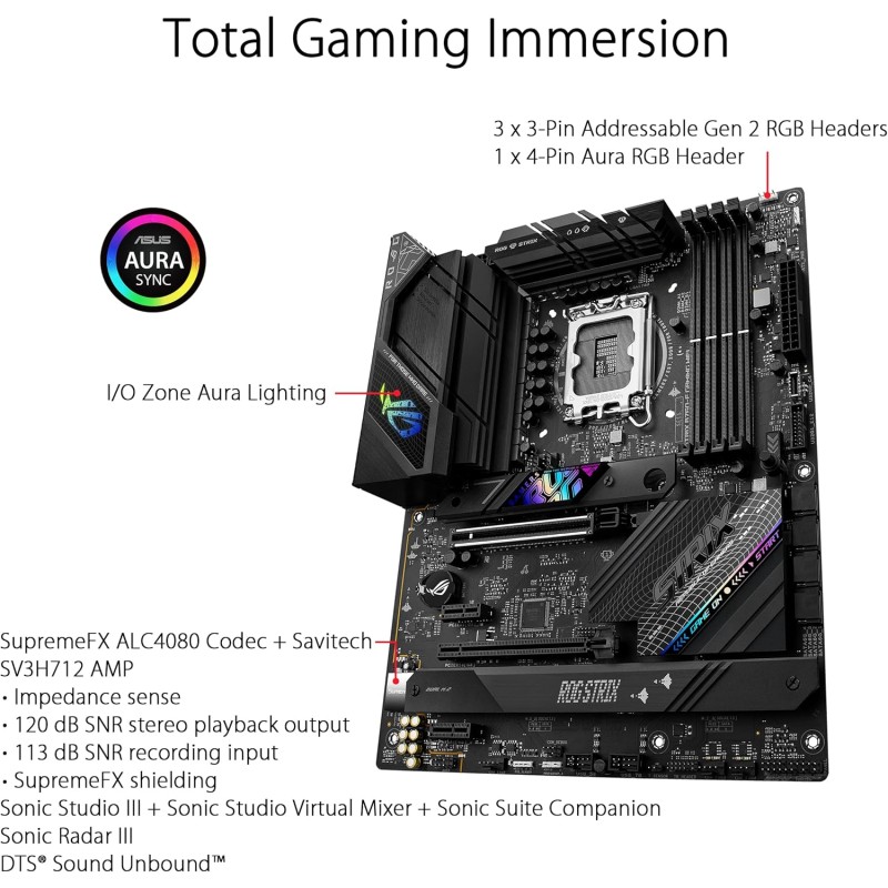 ASUS ROG STRIX B760-F GAMING WIFI Scheda madre Intel® B760 LGA 1700 ATX, DDR5, PCIe 5.0 x16, 3 slot PCIe 4.0 M.2, WiFi 6E, 2.5G Ethernet, USB 3.2 Gen 2x2 Type-C®, AEMP II, Aura Sync RGB - Large ASUS ROG STRIX B760-F GAMING WIFI Scheda madre Intel® B760 LGA 1700 ATX, DDR5, PCIe 5.0 x16, 3 slot PCIe 4.0 M.2, WiFi 6E, 2.5G Ethernet, USB 3.2 Gen 2x2 Type-C®, AEMP II, Aura Sync RGB - Large