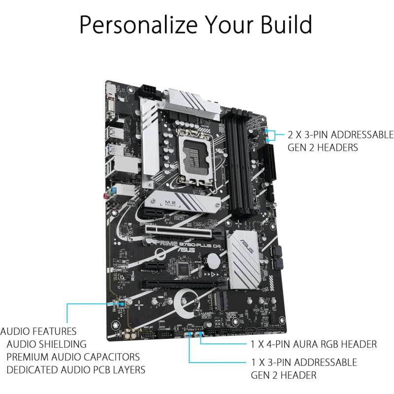 ASUS Prime B760-PLUS D4, Scheda Madre Intel LGA 1700 ATX, DDR4, PCIe 5.0, 3 slot PCIe 4.0M.2, Realtek 2.5Gb Ethernet, SATA 6 Gbps, USB 3.2 Gen 2 Type-C, Thunderbolt USB4, Aura Sync, Nero - Plus