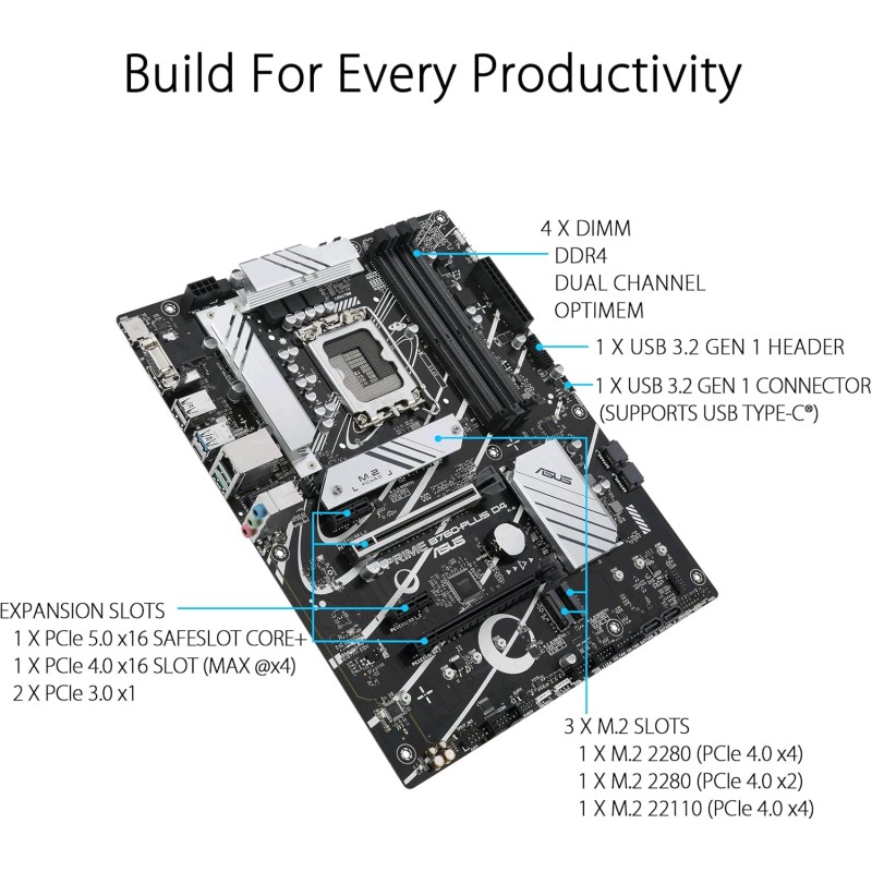 ASUS Prime B760-PLUS D4, Scheda Madre Intel LGA 1700 ATX, DDR4, PCIe 5.0, 3 slot PCIe 4.0M.2, Realtek 2.5Gb Ethernet, SATA 6 Gbps, USB 3.2 Gen 2 Type-C, Thunderbolt USB4, Aura Sync, Nero - Plus