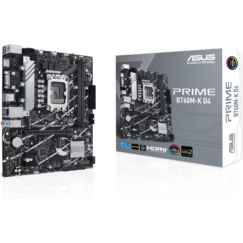 ASUS PRIME B760M-K D4 Scheda madre Intel® B760 (LGA 1700) mATX, PCIe 4.0, due slot M.2, DDR4, Realtek 2.5Gb Ethernet, VGA, HDMI®, SATA 6 Gbps, USB frontale 3.2 Gen 1, Aura Sync - K
