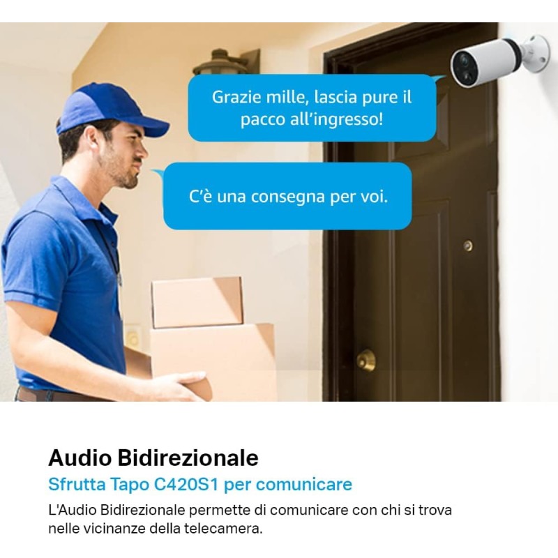 TP-Link Tapo C420S1 Telecamera WiFi Esterno QHD 2K, Batteria Senza Fili, Allarme con Rilevamento del Movimento, IP65, 2 Vie Audio, Nessun Cablaggio, Visione Notturna a Colori, Telecamere e Tapo Hub