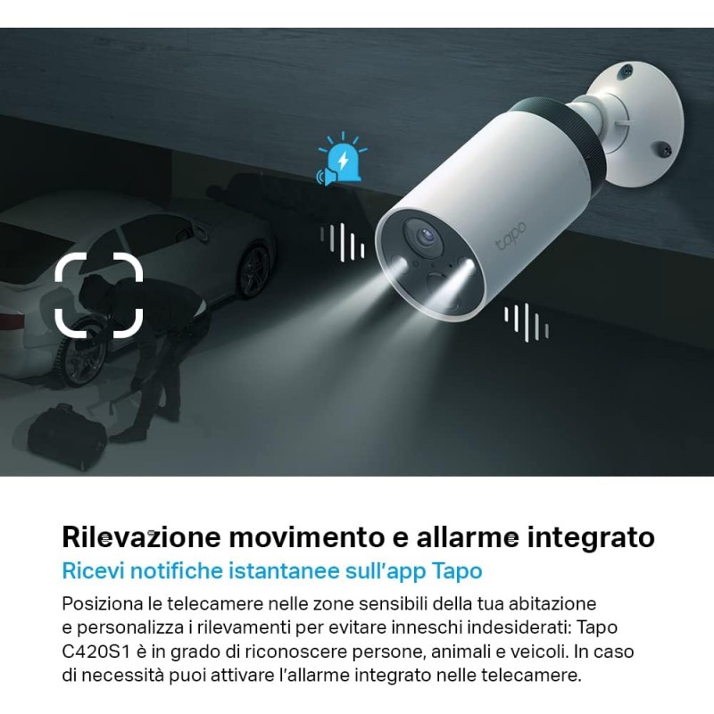 TP-Link Tapo C420S1 Telecamera WiFi Esterno QHD 2K, Batteria Senza Fili, Allarme con Rilevamento del Movimento, IP65, 2 Vie Audio, Nessun Cablaggio, Visione Notturna a Colori, Telecamere e Tapo Hub