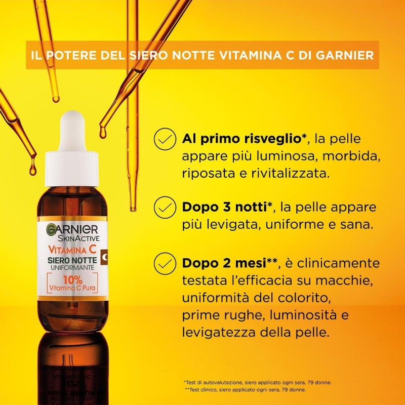 Garnier Siero Notte Vitamina C Uniformante, Per Pelli Spente, Effetto Rigenerante, Pelle Morbida e Luminosa, con 10% di Vitamina C Pura, 30ml