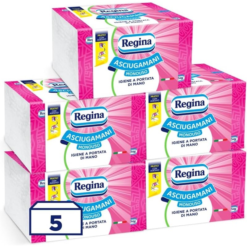 Regina Asciugamani Monouso – 5 Confezioni da 100 Servizi ciascuna, Asciugamani Usa e Getta Pratici ed Igienici, 100% Cellulosa FSC, Biodegradabili, Confezione Dispenser - 5 Unità (Confezione da 1)
